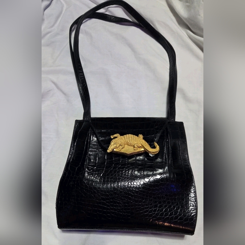 VALERIE ANN VINTAGE RARE Black Gold embossed CROCODILE BAG - Picture 6 of 12